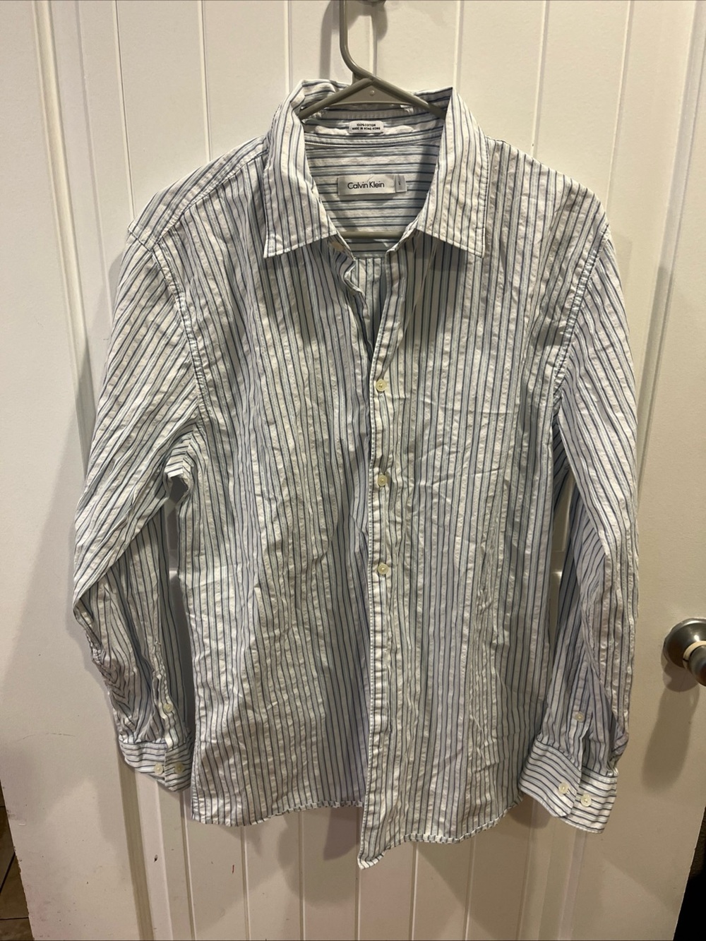 Calvin Klein White Shirt Blue Pinstripes Men's Button-Down Size L 100% Cotton